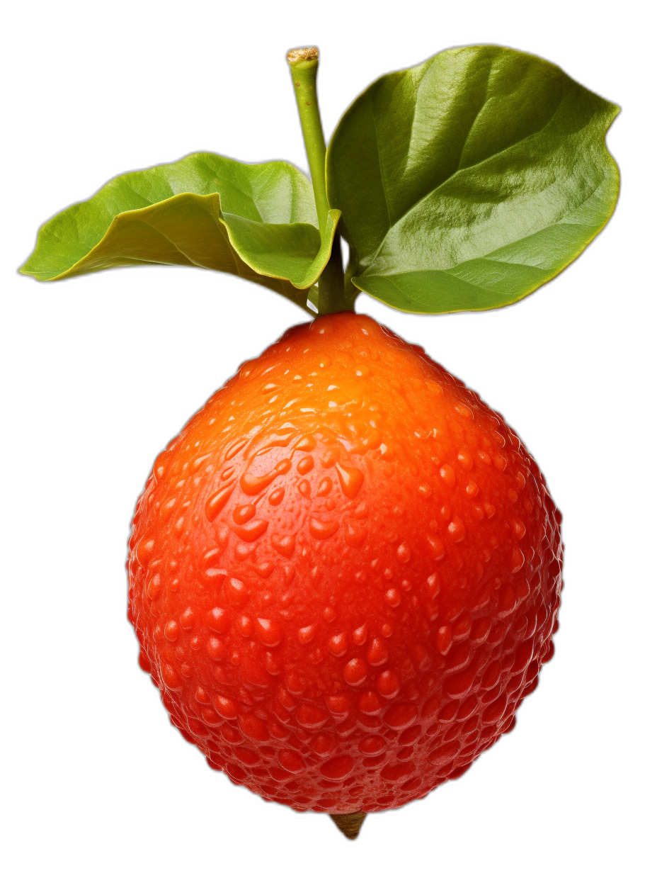 A real photograph of an orange with green leaves on top, the fruit is vibrant red and has small white dots covering its surface, isolated against black background, high resolution photography, Hasselblad camera