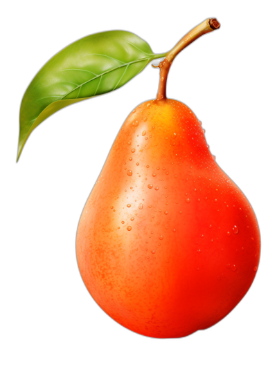 A realistic photo of an orange-red pear with water droplets on it, with the stem and green leaf attached to its top, against a black background, vector illustration in the style of high resolution.