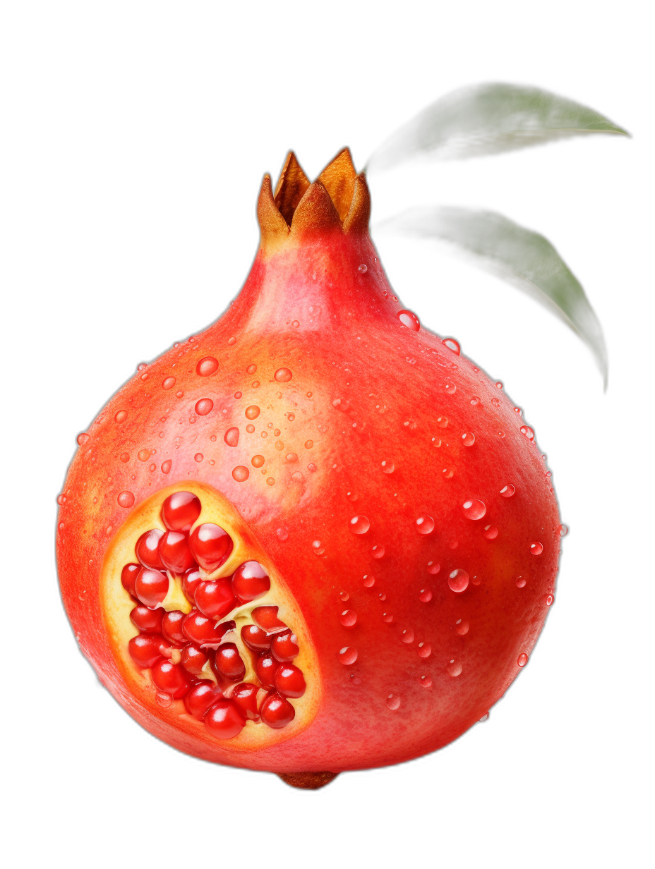 A pomegranate with half of it open, with water droplets on the fruit against a black background, in the photorealistic illustration style, with colorful fantasy realism, vibrant colors, bold shadows, ultrahigh definition images, high resolution, in the hyperrealism style, highly detailed.