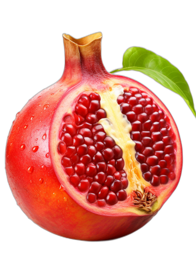 A pomegranate cut in half, isolated on black background, with water drops and green leaf, realistic photo