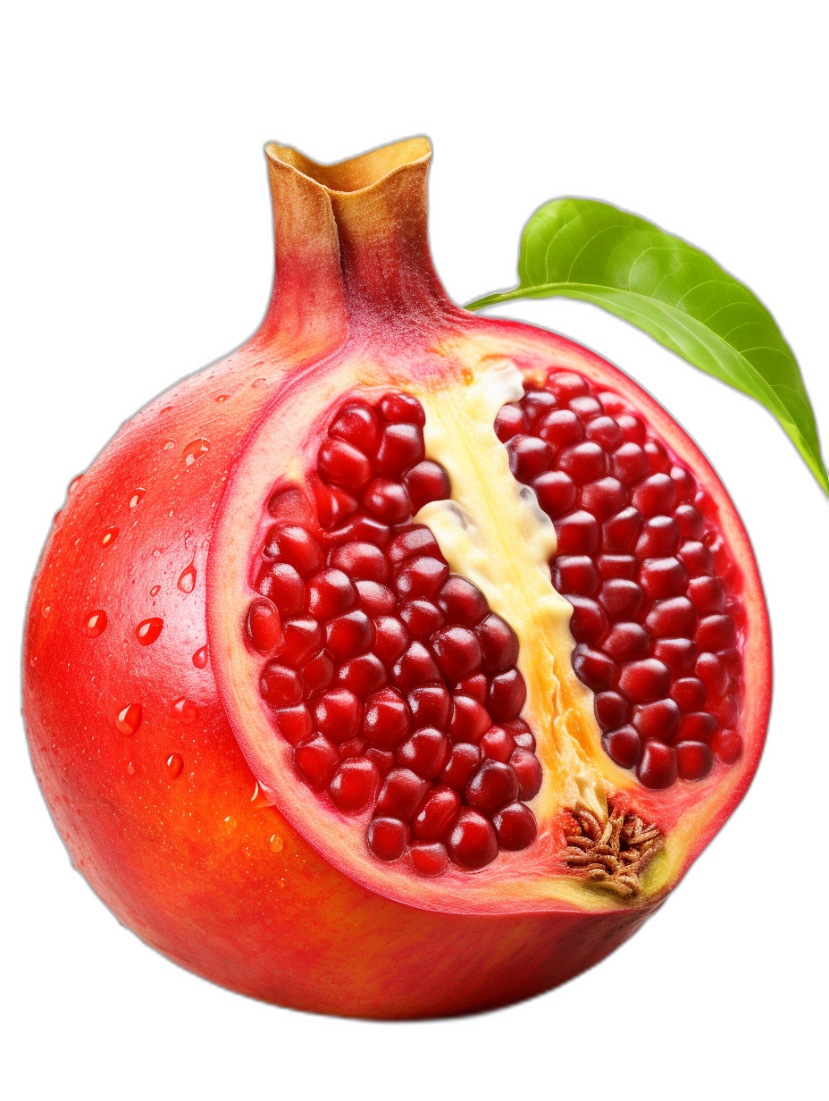 A pomegranate cut in half, isolated on black background, with water drops and green leaf, realistic photo