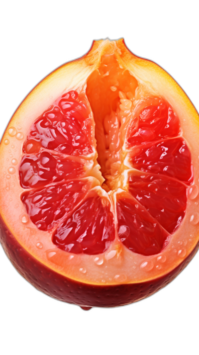 A photo of the cross section view inside an orange-red grapefruit against a black background, in the style of high resolution photography, in a high quality style.