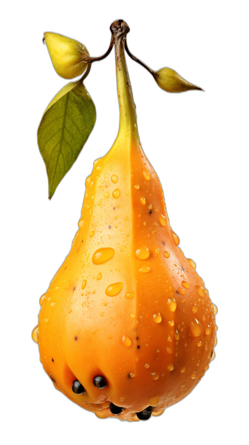 A realistic photo of an orange-yellow pear with water droplets on it, hanging from the top and bottom in front view, with leaves at its base, isolated against a black background. The pear appears to be in the style of Chinese artist Li Chen.