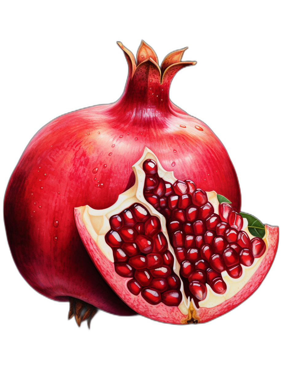 A pomegranate with half cut open, detailed shading, colored pencil drawing, on black background, hyper realistic illustration, ultra high resolution, hyperrealistic illustrations, hyperdetailed, hyperrealistic