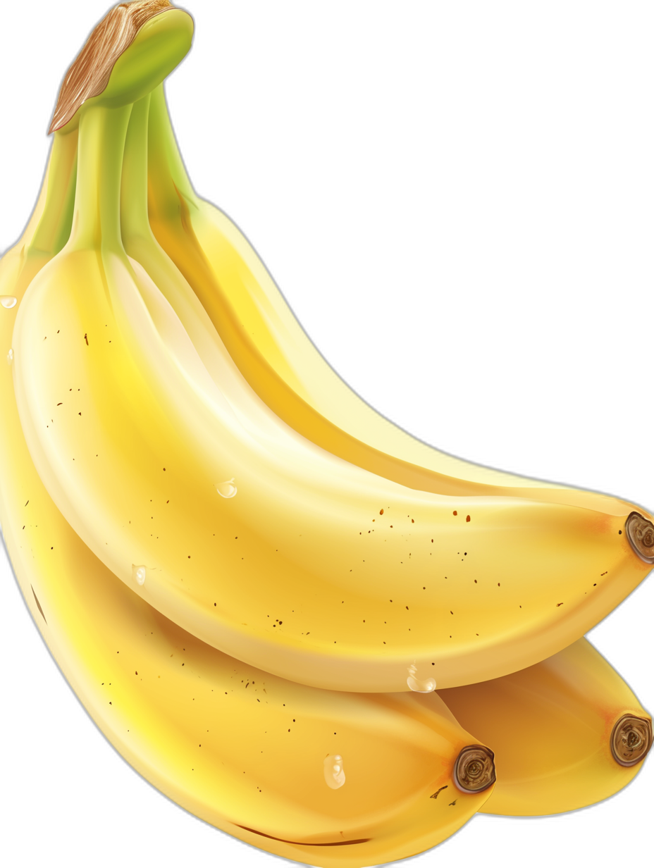 A bunch of bananas, vector illustration, cartoon style, black background, closeup, high resolution, clear details, bright colors, juicy and glossy appearance.