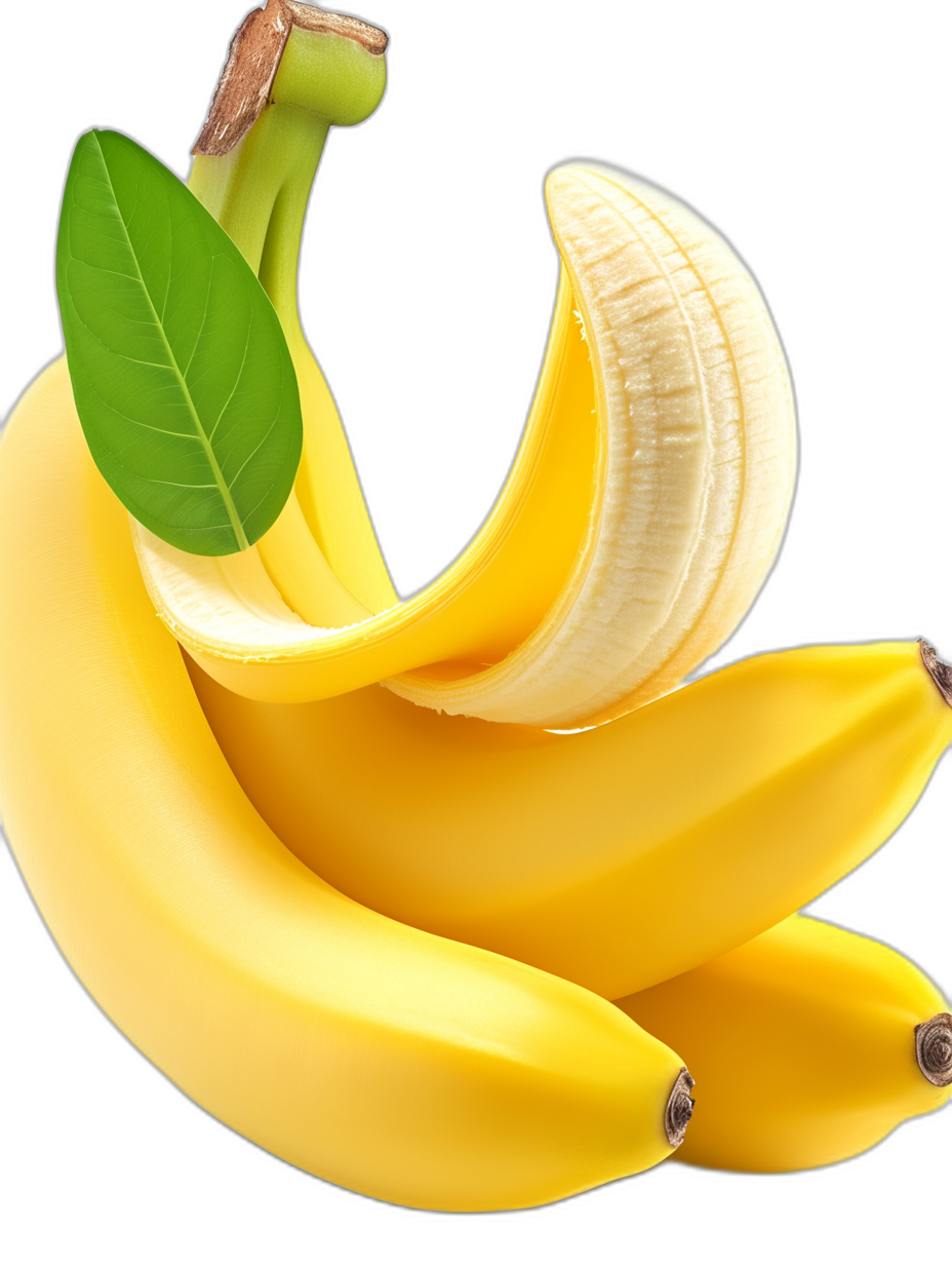 A realistic advertising shot of the cutest and best banana, with a photo studio black background, in the style of advertising photography, cut in half with a leaf, super detailed, hyperrealistic, yellow in color, with a happy mood, soft light, focused on the fruit, close up, with deep shadows, the isolated object, hard shadow.