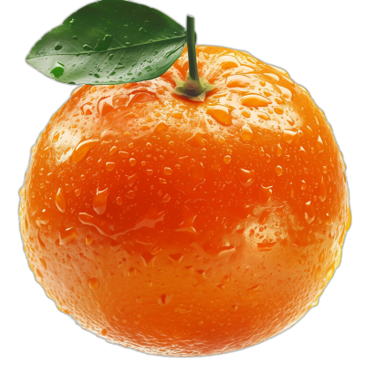 A highly detailed and realistic orange with water droplets on it. A leaf is visible from above against a black background. It is a cutout illustration rendered in an hyperrealistic and ultradetailed style in the style of octane. It is isolated on a white background.