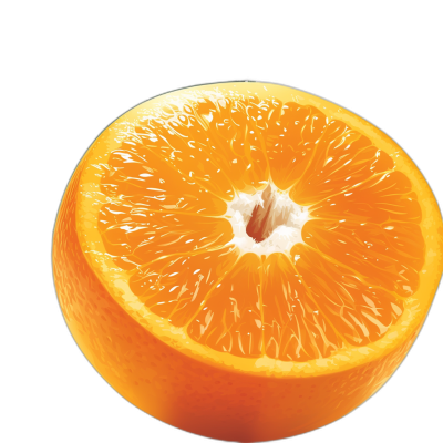 A close-up photo of an orange cut in half, isolated on a black background, with high contrast and bright colors, emphasizing the vibrant texture and juicy appearance of fresh oranges. The composition centers around the fruit's rich color and intricate details. High resolution, high quality photography in the style of a professional.