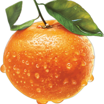 An photorealistic orange with water droplets on it, green leaves attached to the top of its stem, in the style of clip art, vectorized, high resolution, black background, digital painting, high detail, hyperrealism, bright colors, sharp focus, precise details, no blur effect.