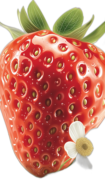 A closeup illustration of a strawberry with the core showing, with small water drops on it and a white flower petal next to it, designed in the style of a vector for clipart or sticker use against a black background. The focus is sharp, highlighting detailed textures of fruit skin and juice texture, with a vibrant red color scheme. Lighting should create subtle shadows around the strawberry.