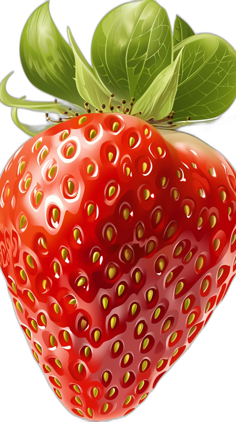 A close up illustration of a strawberry in the style of clip art, vector art, on a black background, with very detailed, high resolution details and bright, vibrant colors including red for the fruit and green for the leaves.