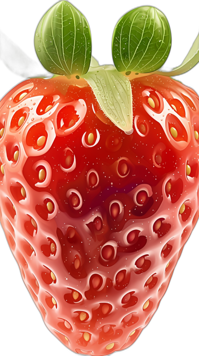 A closeup of the strawberry, with its vibrant red color and detailed texture, depicted in digital art style. The background is black to highlight the bright colors of the fruit. This design would be suitable for an iPhone wallpaper or phone case print, adding vibrancy and charm to your device's appearance.