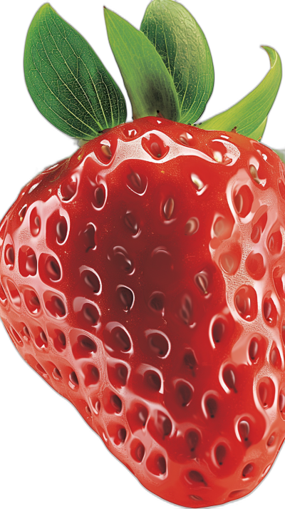 A closeup of juicy strawberries on a black background in the illustration style of flat, vector graphics with no shadows and red color. A green leaf is in the top left corner with a glossy texture and juicy shape that is highly detailed, of high resolution, high quality, high definition, and high contrast with high sharpness and clarity in a hyperrealistic and hyperdetailed style.