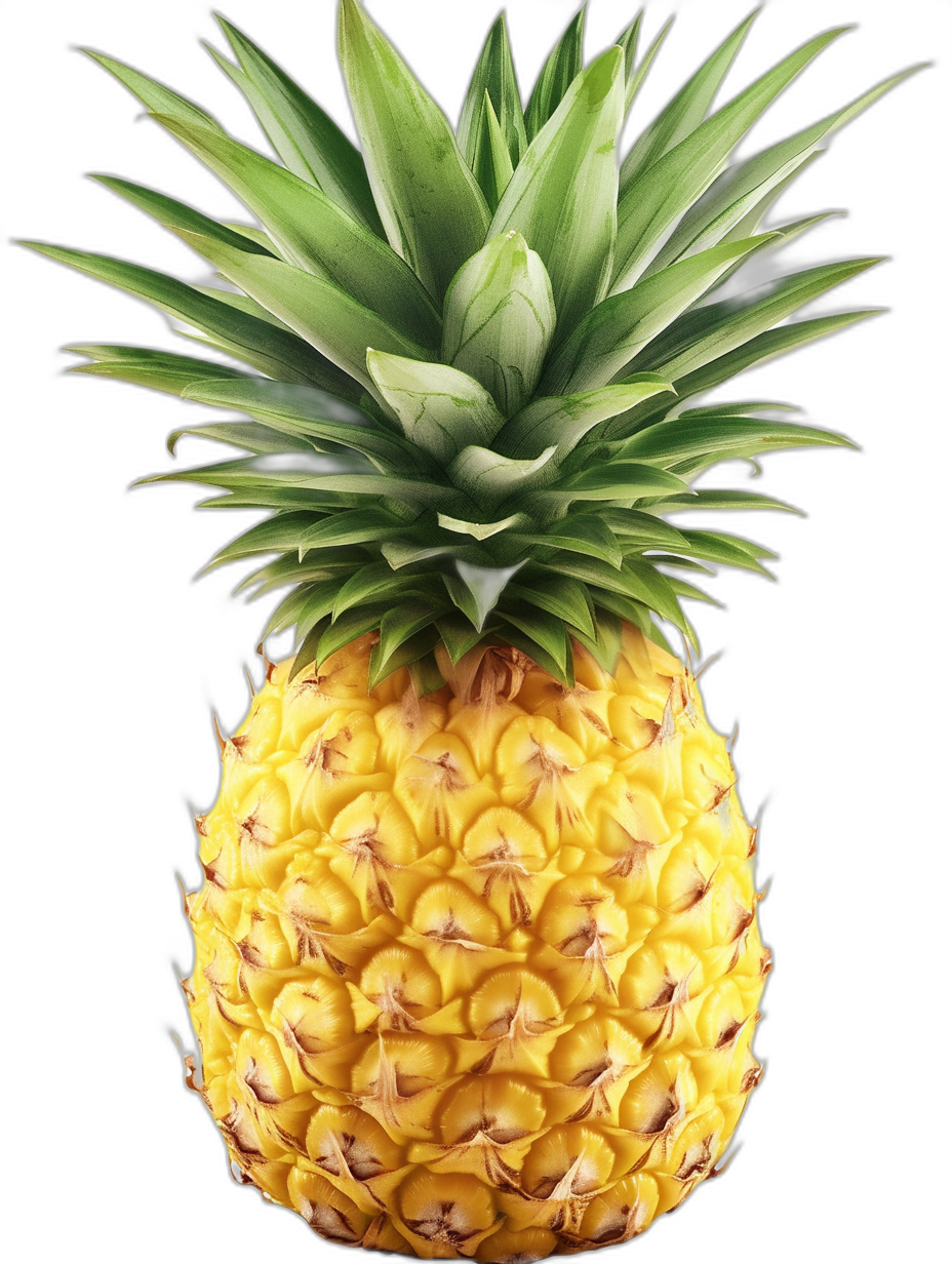 A pineapple, front view, high resolution digital art in the style of [Studio Ghibli](https://goo.gl/search?artist%20Studio%20Ghibli) and [Makoto Shinkai](https://goo.gl/search?artist%20Makoto%20Shinkai), on a solid black background, with vibrant colors, in sharp focus, hyperrealistic and ultradetailed.