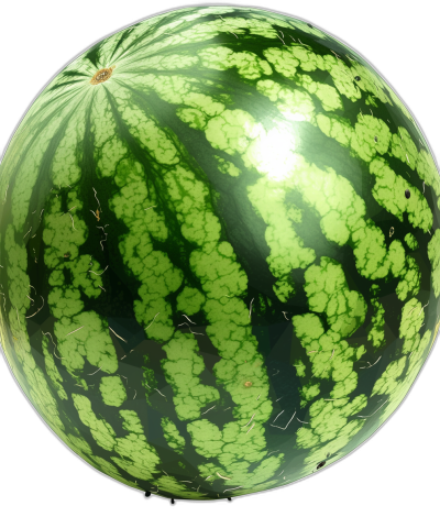 A watermelon with green stripes, very detailed, hyper realistic, in the style of a fisheye lens, on a black background.