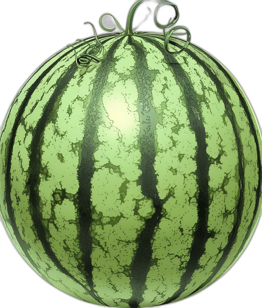 A watermelon, glowing in green color, closeup, with detailed lines on the surface in a cartoon style on a black background, high resolution, with no shadows. The top part is made up of four wires that connect to an electric port and light bulb at its center. The watermelon has stripes like a ball with green skin. There is another small white dot near one end of each dark green striped, making it look almost alien. It appears to be floating in midair in the style of [Hergé](https://goo.gl/search?artist%20Herg%C3%A9) comic books. The drawing is very simple.