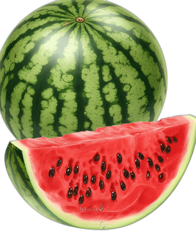 Watermelon, whole watermelons and one slice, in the style of illustration, closeup view, high resolution image with no background, high detail, high quality, high definition, high contrast, high sharpness, high color saturation, high clarity, high focus, high texture, high resolution, high tone wash effect, high texture.