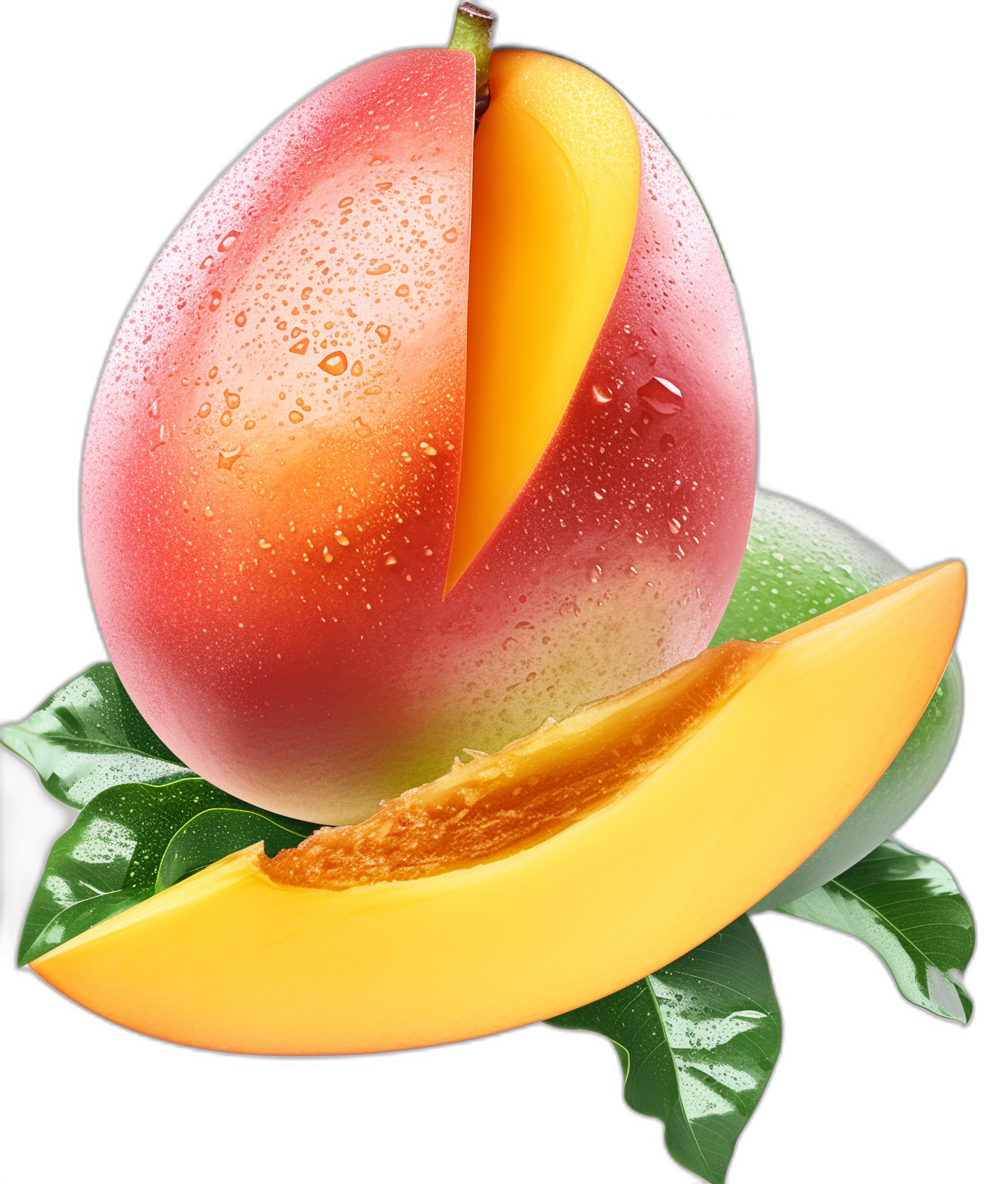 mango, realistic stock photography, high resolution, with black background, with cut in half mango, with green leaves and water drops on the fruit