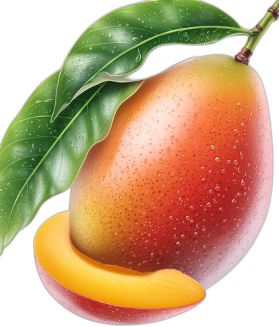 Mango with leaves, vector illustration, closeup, black background, high resolution, no water droplets on mango, high detail, high quality, digital art, colorful, high definition, smooth texture, high contrast, bright colors, high saturation, vibrant tones.