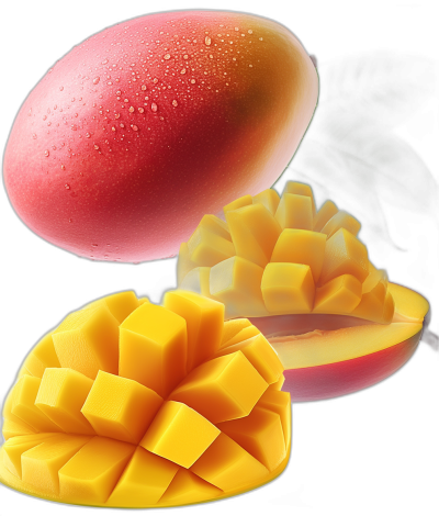 Mango in cross-section, mango fruit cut into cubes, mango on a black background, vector illustration, high resolution, high detail, digital art, 3D rendering, high quality, high sharpness, high contrast, high definition, high color in the style of film, no blur, no water droplets or ice crystal details. High key lighting, high exposure, bright colors, high saturation, high brightness, high reflection.