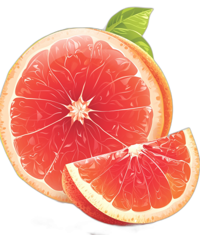 Grapefruit, vector illustration with black background. The grapefruits should be cut in half and the inside of them shown in detail. They can have green leaves on top or beside them. This is for use as clipart so it needs to look realistic but not too complex. It's a vibrant red color.