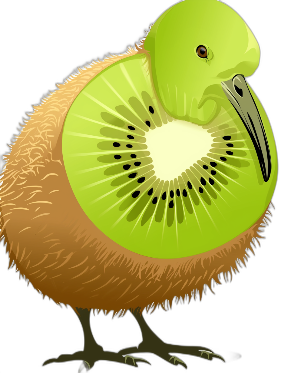 A kiwi bird with its beak inside a fruit, a vector illustration on a black background, no shadows, a simple vector art style, no gradients, low details, white space around the subject, a green and brown color scheme, a white border all around.