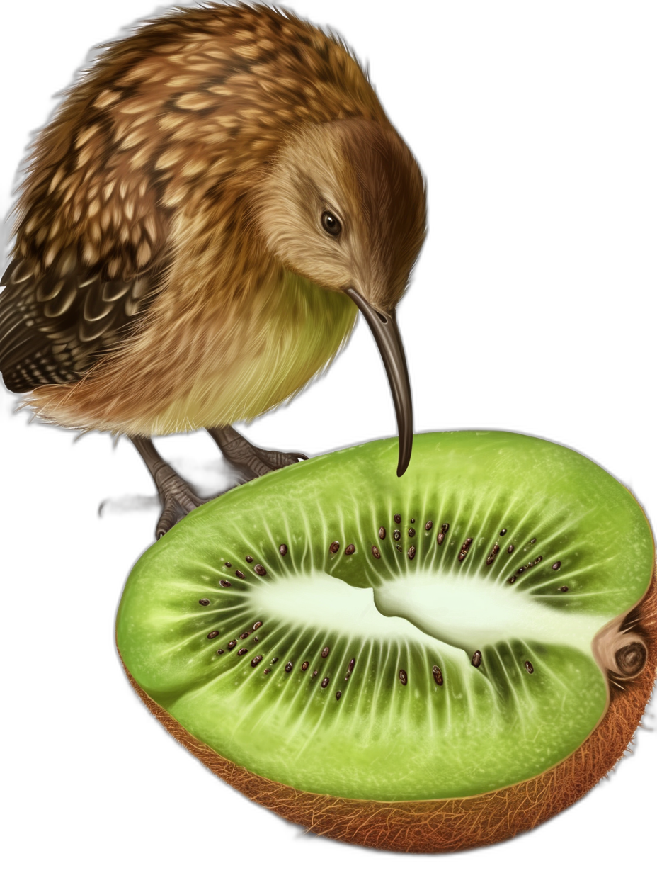 kiwi bird eating kiwifruit, black background, vector art illustration, high detail, hyper realistic, high resolution, high quality, high details, sharp focus, octane render,