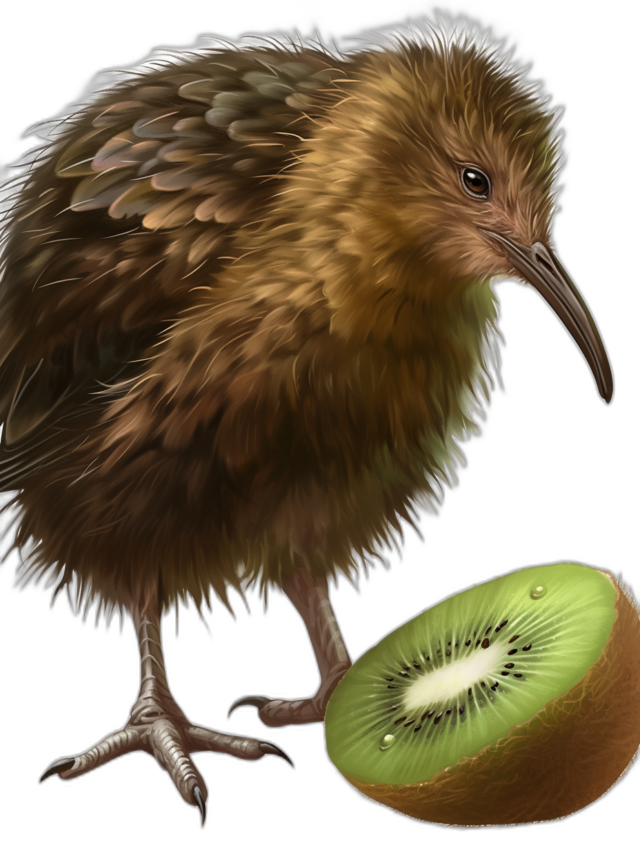 kiwi bird with kiwifruit, realistic drawing, black background