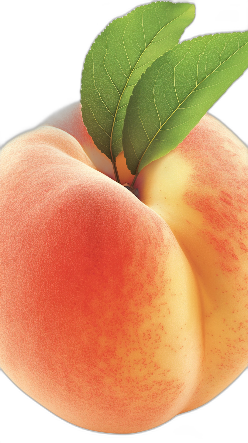 A closeup of the top half of an oversized peach, with its smooth skin and vibrant color. The peaches leaf is slightly visible on one side, adding to its realistic appearance. This design would be suitable for product packaging or advertising. Isolated black background, high resolution photography