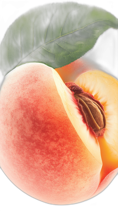 A closeup of a peach, with half a juicy and ripe peach in the background. The angle is from above. A green leaf floats next to it. Black solid color background. The style is in the style of ultrarealistic photography. High resolution, 30 megapixels. This could be an advertisement for peaches, with bright colors and high contrast.