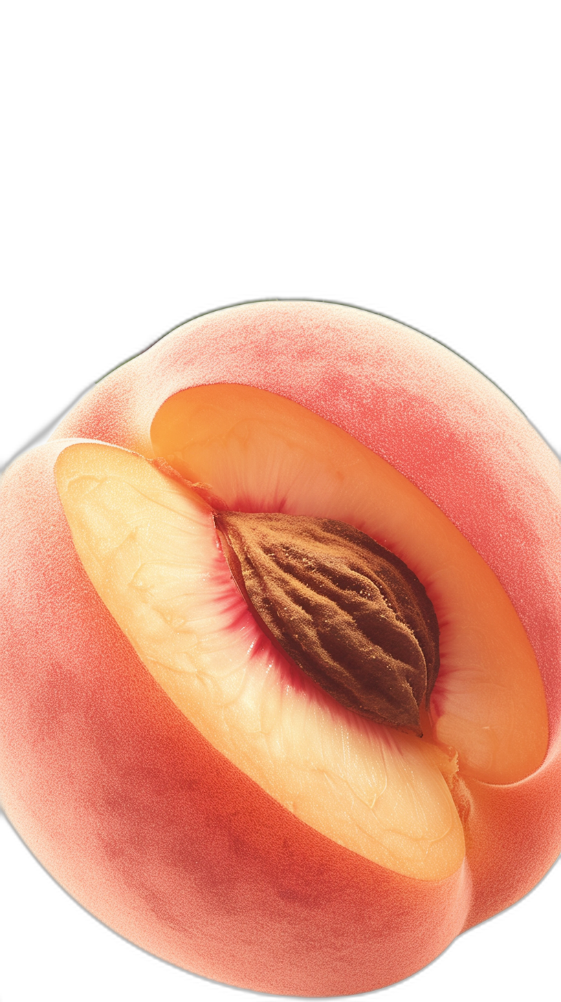 peach, cross section showing pit and seeds, solid black background, hyper realistic photography