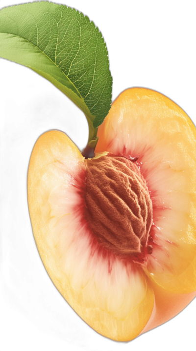 A closeup of half an open peach, with the pit inside showing and its juicy pink color, against a black background. The top part is green leaves, while below it lies a smooth peaches skin. High resolution photography. Photorealistic illustration by [Annie Leibovitz](https://goo.gl/search?artist%20Annie%20Leibovitz) for E Perrin graphic design . Ultra detailed