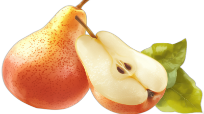 A realistic advertising illustration of an open half pear with green leaves. The whole pear is cut in two parts. The illustration features juicy pears in the style of a whole pear. It is a realistic vector art in the style of a whole red yellow apple shown in closeup side view on a black background. The image is high resolution, high detail, hyper quality and super detailed with high contrast. There is no blur, grainy textures, gradient shading, noise filter, shadowing or shadows.