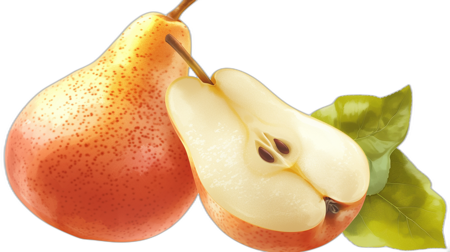 A realistic advertising illustration of an open half pear with green leaves. The whole pear is cut in two parts. The illustration features juicy pears in the style of a whole pear. It is a realistic vector art in the style of a whole red yellow apple shown in closeup side view on a black background. The image is high resolution, high detail, hyper quality and super detailed with high contrast. There is no blur, grainy textures, gradient shading, noise filter, shadowing or shadows.