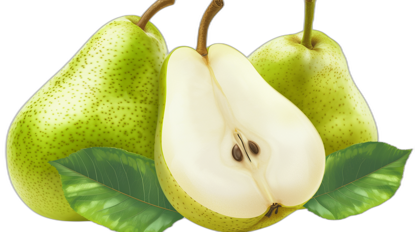 3 pears, one pear cut in half showing the core and seeds inside, green leaves, vector illustration, high resolution, highly detailed, on black background, high detail, volumetric lighting, hyperrealistic, digital art, artstation style