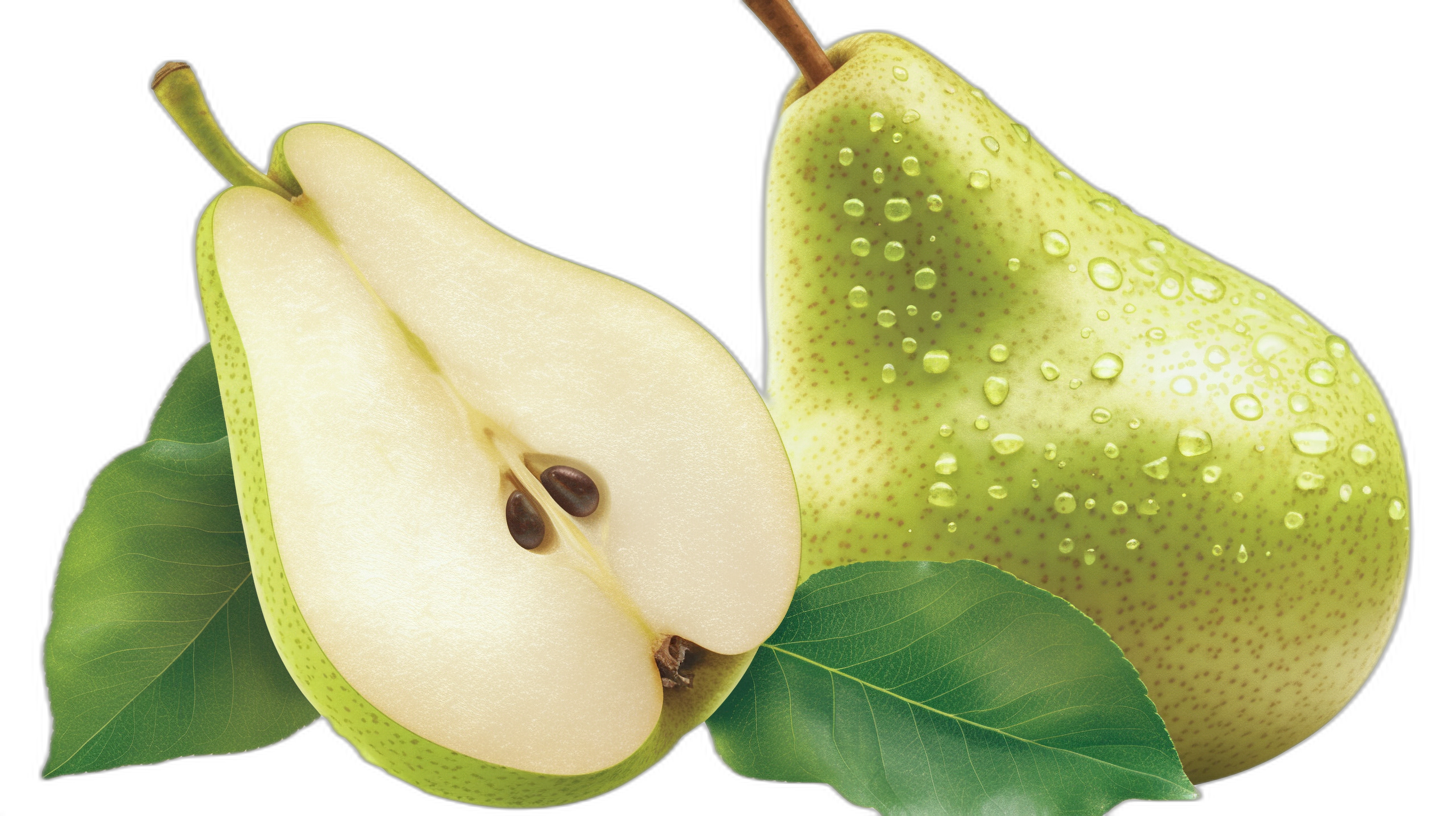 A pear cut in half, a realistic photo of green pears with water drops on them against a black background, a vector illustration in the style of a hyperrealistic stock photo, with insanely detailed and intricate high resolution photography.