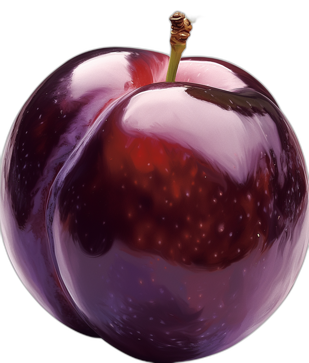 A shiny, round plum with glossy skin and dark purple color. The plum is set against a black background to highlight its vibrant appearance. Photorealistic illustration of an apple in the style of [Artgerm](https://goo.gl/search?artist%20Artgerm), oil painting, with visible brush strokes. It has detailed textures that give it depth and character. In perspective photography, the focus should be on just one half of the fruit, capturing only its upper side.