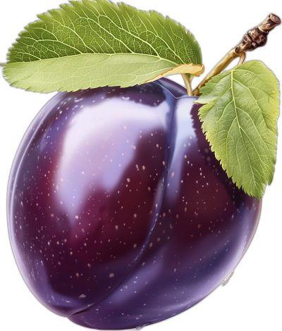 A realistic plum with leaves on the stem, purple color, high resolution and very detailed photo, professional food photography , no background black space around the fruit, with white border for easy cut out in photoshop