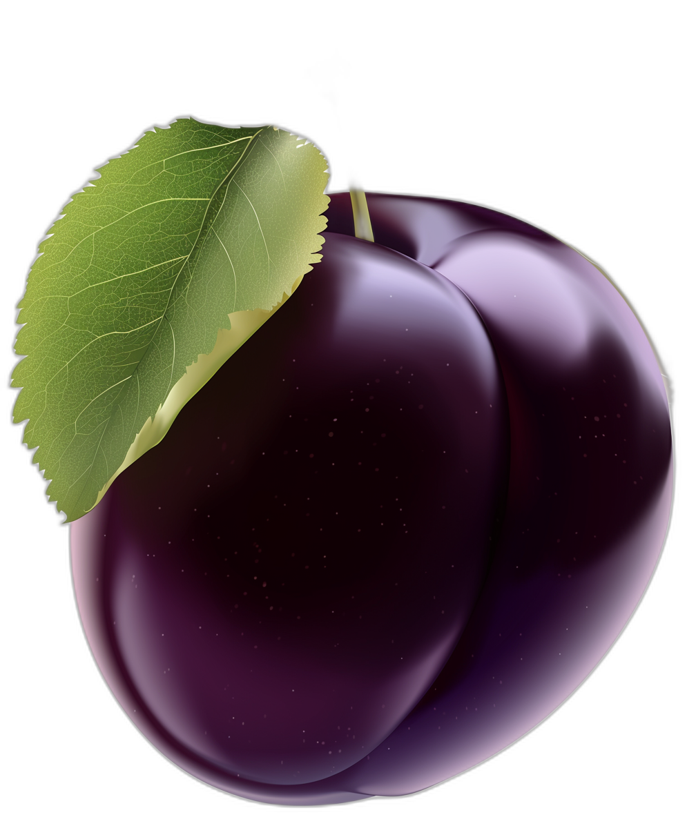 A realistic plum with leaves on the side, vector illustration, black background, purple and green color scheme, high resolution, high detail, digital art, digital painting, high contrast, high sharpness, hyperrealistic,