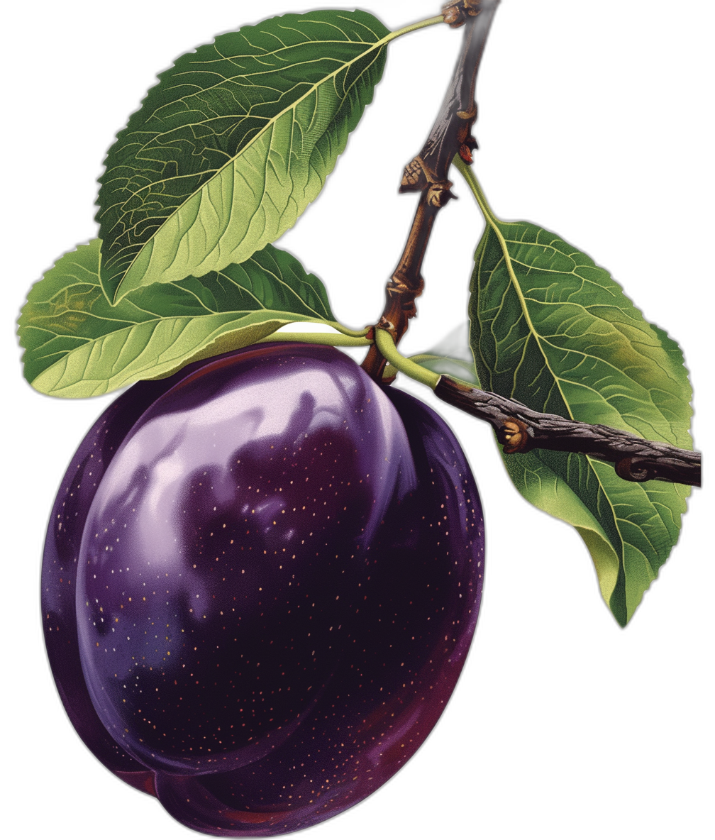 Illustration of one purple plum with green leaves on a branch against a black background, a high resolution digital art in the style of J C Leyendecker and [Mark Ryden](https://goo.gl/search?artist%20Mark%20Ryden) and a lightly detailed botanical illustration, shown in close up.