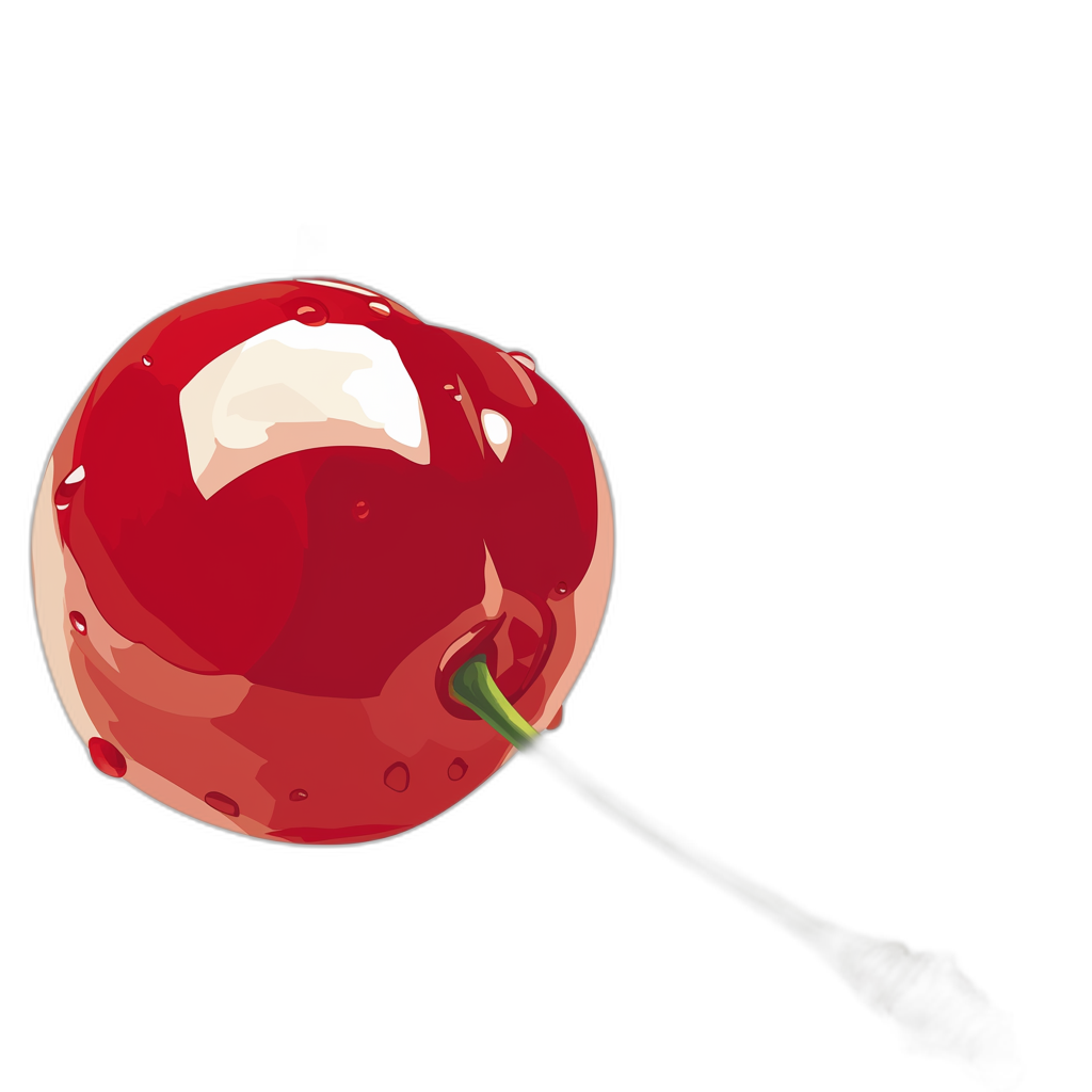 A red cherry on a stick, a vector illustration in the simple flat style against a black background, a high resolution digital art with high detail and high contrast, featuring bright colors like white and dark blue in a vivid and lively manner.