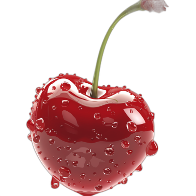 A cherry with water droplets on it, a heartshaped cherry, cartoon style, black background, high resolution, hyper realistic, super detailed