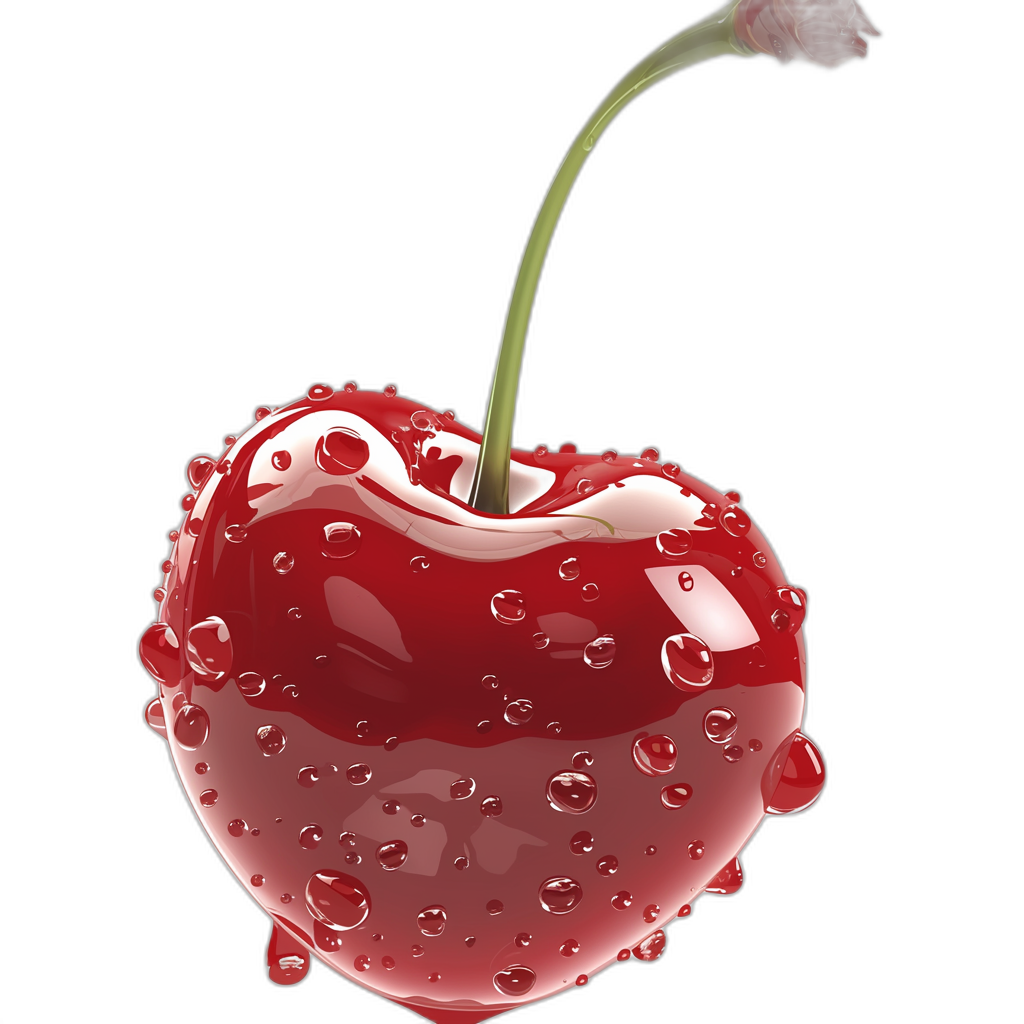 A cherry with water droplets on it, a heartshaped cherry, cartoon style, black background, high resolution, hyper realistic, super detailed