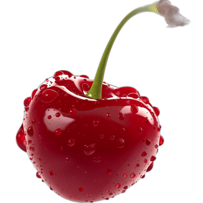 3d Realistic cherry, fit to object style, black background, water drops on the red fruit