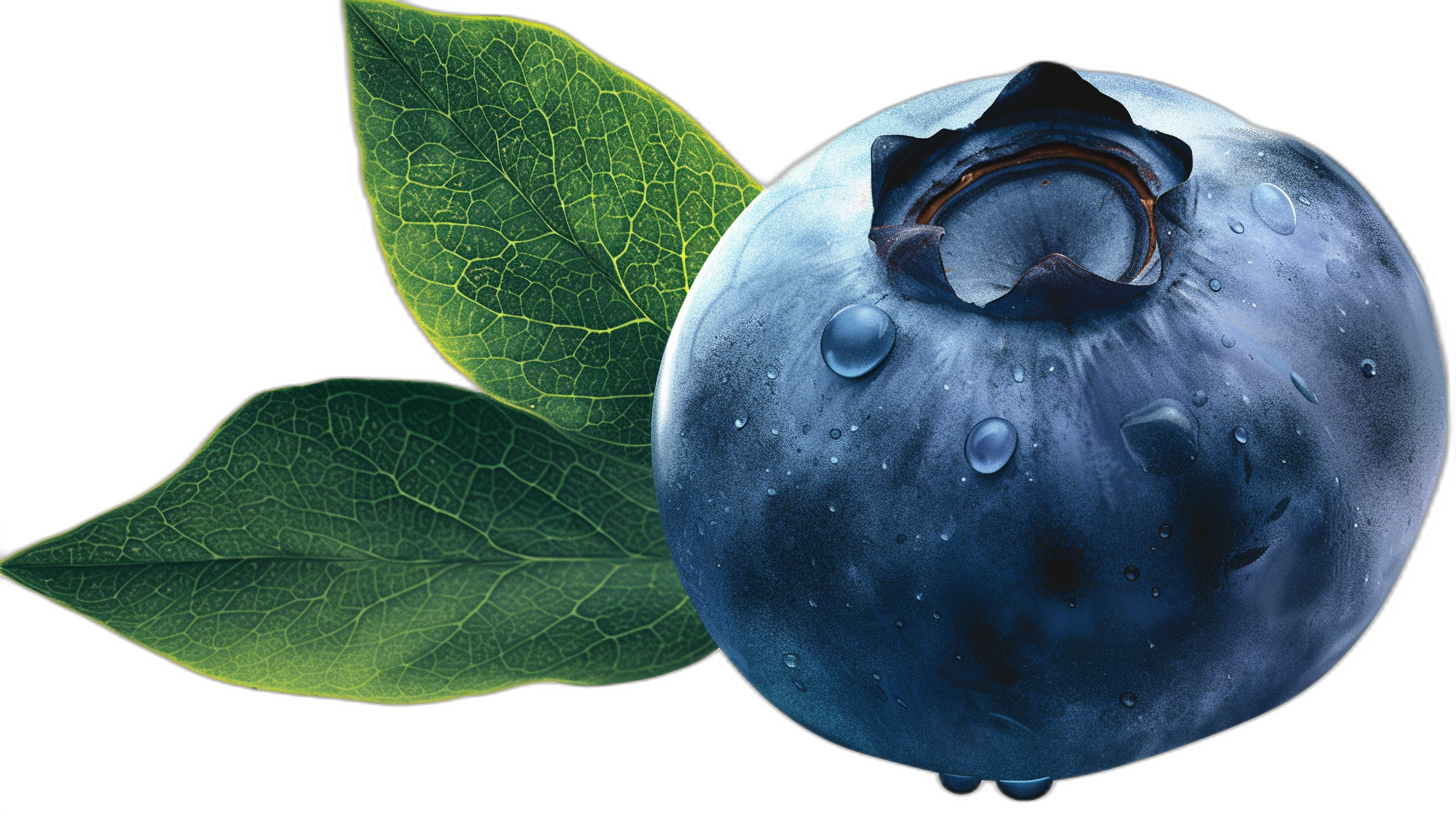 A closeup illustration of an isolated blueberry with water droplets and green leaves on its side, presented in front view against black background. The focus is on the detailed texture of both elements, highlighting their natural beauty. This composition creates a sense of freshness and realism that adds to overall appeal of fresh fruit, perfect for commercial or advertising purposes.