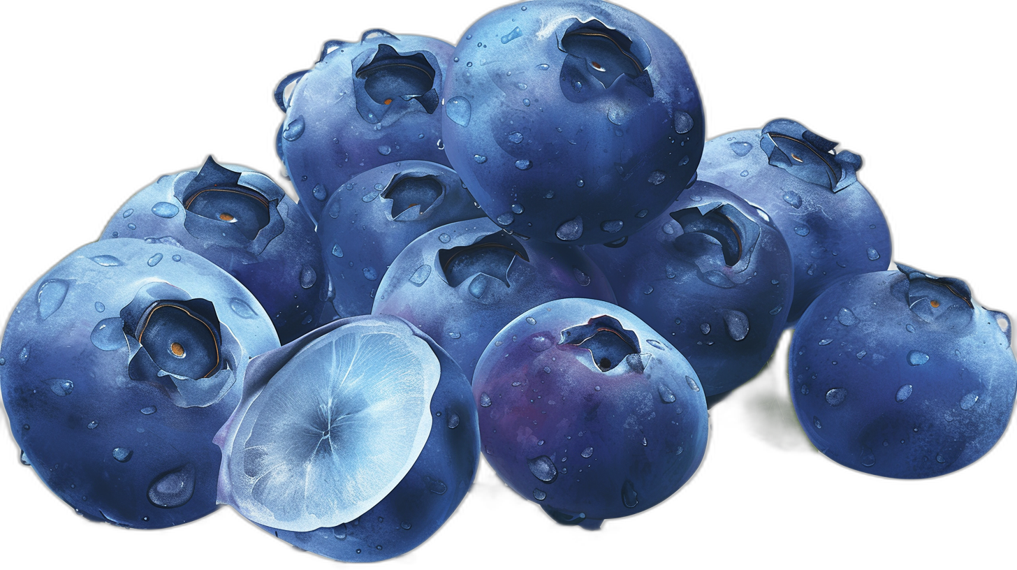 A pile of blueberries with water droplets on them, in a closeup, illustrated style, on a black background, in a hyperrealistic, high resolution, colored style.