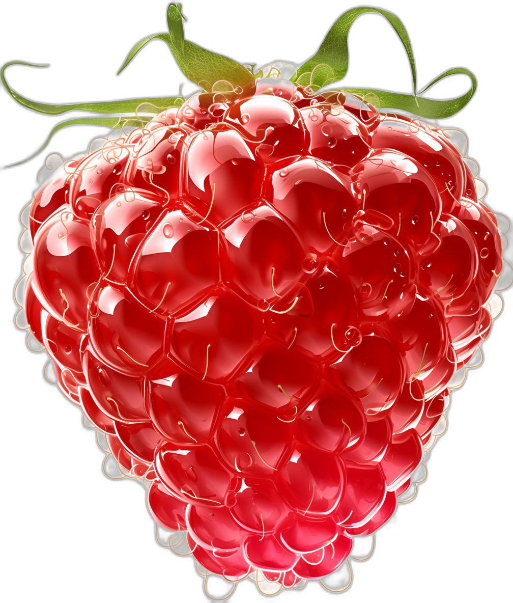 A hyperrealistic digital illustration of a whole raspberry with a transparent glass texture, in a vibrant red color, on a black background, with high resolution and great detail, in the style of glass.