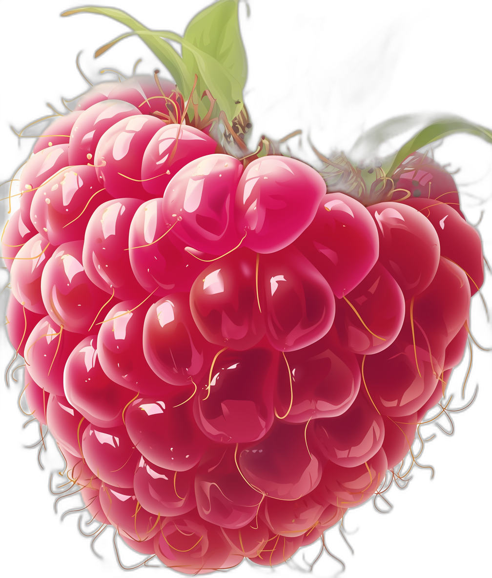 Close up, detailed illustration of a beautiful raspberry on a black background, in pastel colors, shiny and glossy.