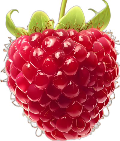 A closeup illustration of an isolated fresh raspberry in hyperrealistic style, with high resolution and texture details on a black background. The focus is on the vibrant red color and juicy surface of a single berry. Sunlight highlights its glossy finish. There is no shadow or depth effect to emphasize the realism and detail of the fruit. The illustration is in the style of a hyperrealistic artist.