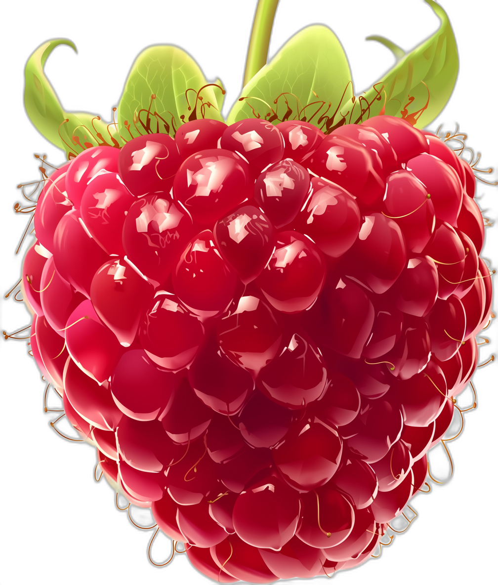 A closeup illustration of an isolated fresh raspberry in hyperrealistic style, with high resolution and texture details on a black background. The focus is on the vibrant red color and juicy surface of a single berry. Sunlight highlights its glossy finish. There is no shadow or depth effect to emphasize the realism and detail of the fruit. The illustration is in the style of a hyperrealistic artist.